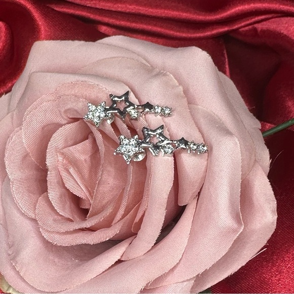 Silver Star Rhinestone Ear Climber Earrings | Celestial Sparkle Cuff Style - Picture 2 of 10